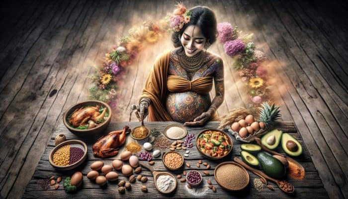 A pregnant woman arranging a colorful, balanced meal on a rustic table, essential for health.
