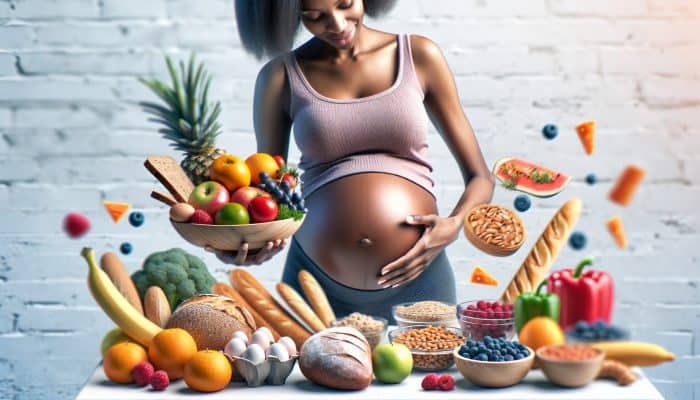 A pregnant woman arranging a colorful plate of food following NHS Eatwell Guide recommendations.