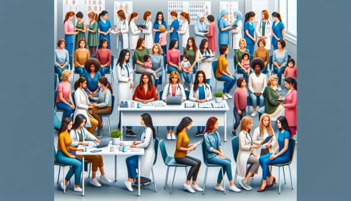 Diverse group of women receiving free NHS healthcare services, including check-ups and emergency care.