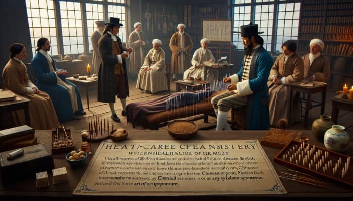17th-century British doctors observing a Chinese missionary performing acupuncture, blending Eastern and Western medicine.
