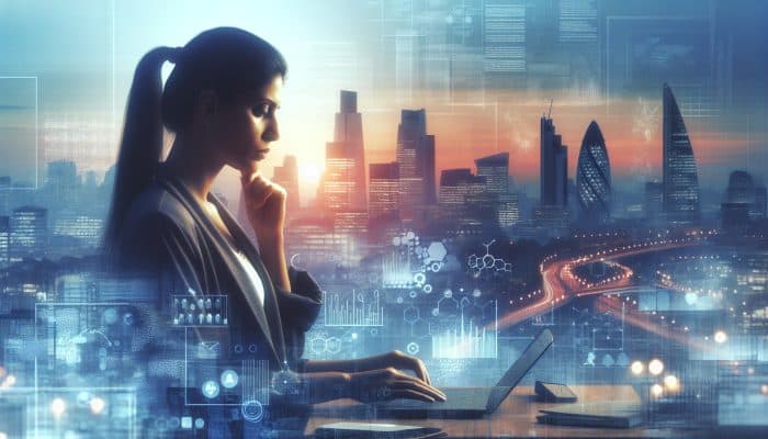 A woman in a UK city at dawn, focusing on her goals in the quiet morning light.