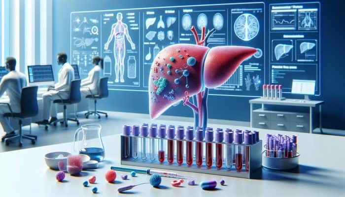 Illustration of a liver blood test analyzing enzymes, proteins, and biochemicals in a Dundee clinic.