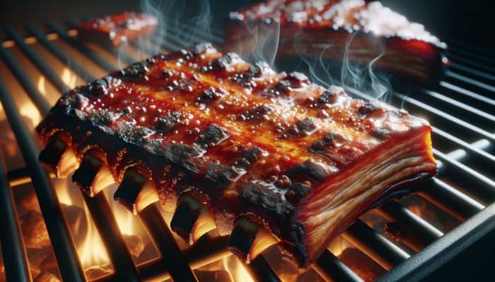 Close-up of BBQ ribs with caramelized brown sugar crust, under golden grill lights with savory smoke.