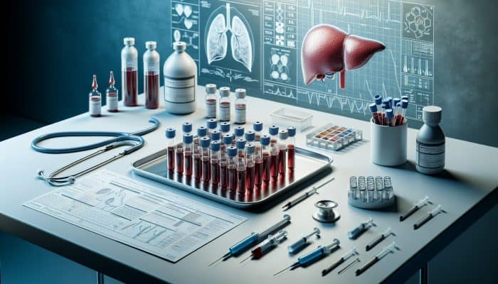 Medical setup displaying blood vials, liver diagram, and tools needed for a liver blood test.
