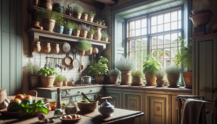 UK kitchen with basil, rosemary, and thyme in pots on windowsill, enhancing family meal.