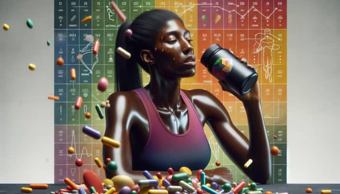 Supplements for Newbie Runners: A beginner runner taking supplements post-run, with training schedule and nutritional charts in the background.