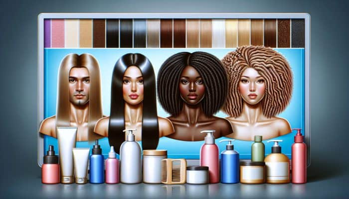A diverse group displaying straight, wavy, curly, and coily hair types with hair care products.