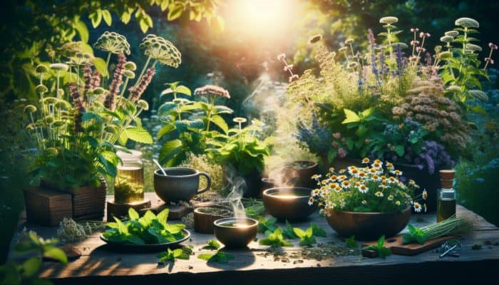 Creating Herbal Infusions for Beginners: A serene garden with mint, chamomile, and nettle plants, and steaming cups of herbal infusions.