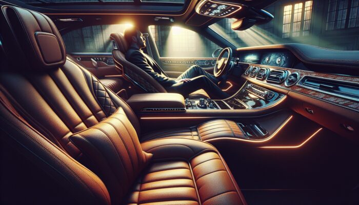A person enjoying luxurious leather seats, ambient lighting, and a sophisticated sound system in a high-end car.