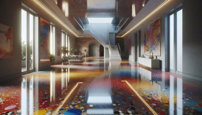 A vibrant, freshly polished terrazzo floor in a Buckinghamshire home, enhancing the room's aesthetic appeal.