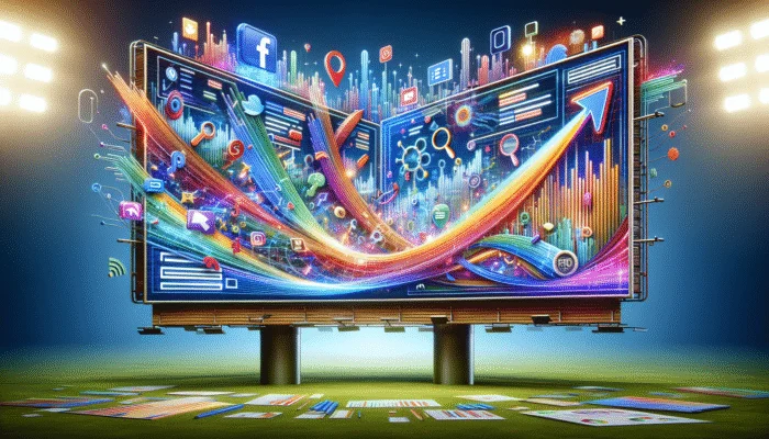 Utilise Local PPC Campaigns for Visibility: A digital billboard displaying a successful PPC campaign with graphs showing increased online visibility and engagement, surrounded by search engine and social media icons.