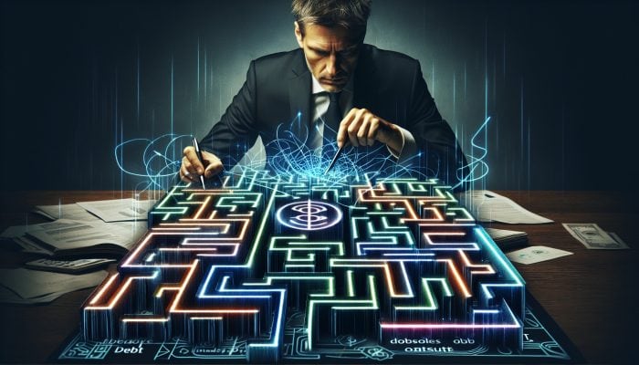 Debt Consolidation Loans vs Debt Settlement: A Guide | DCL Debt Consolidation Loans vs Debt Settlement: A person analyzing financial documents and charts, navigating a maze of debt settlement strategies.