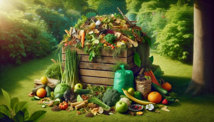 Green Waste Tips for House Clearance: A vibrant compost heap with various green waste items in a lush garden setting.
