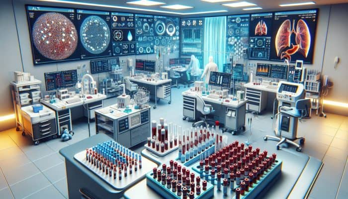 A medical setup in a Newbury clinic showing an advanced liver blood test with vials and equipment for detecting liver diseases early.