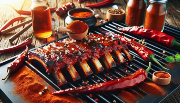 BBQ ribs coated in vibrant dry rub, featuring paprika and caramelized brown sugar, with a spicy chili kick.