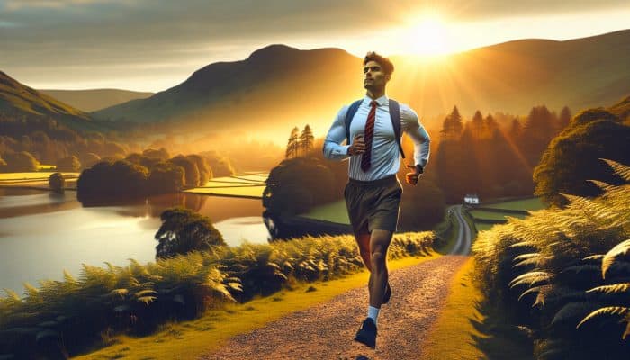 wellness for men in education: A male educator jogging through scenic Lake District trails at sunrise, enhancing fitness and well-being.
