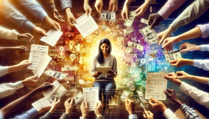 How to Use Budgeting Tools with Debt Consolidation: A Comprehensive Guide | DCL Person consolidating high-interest credit card bills into one loan, symbolizing financial relief.