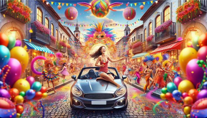 A person driving a convertible through a Brazilian festival, with a French village in the background, symbolizing last-minute car rental freedom.
