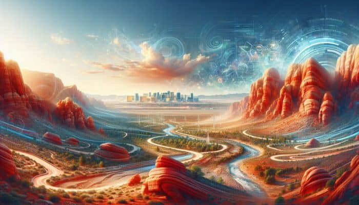 A vibrant Red Rock Canyon landscape with red rock formations, trails, and distant Las Vegas Strip skyline.