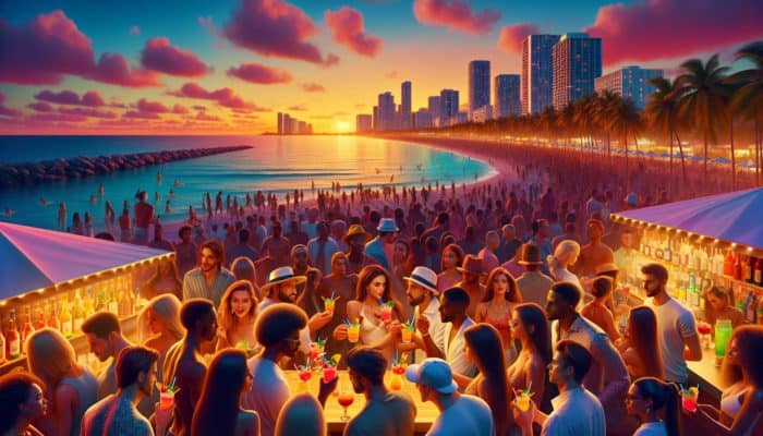 A vibrant South Beach sunset scene with crowds enjoying cocktails at Mango's and The Clevelander, with ocean views and live music.