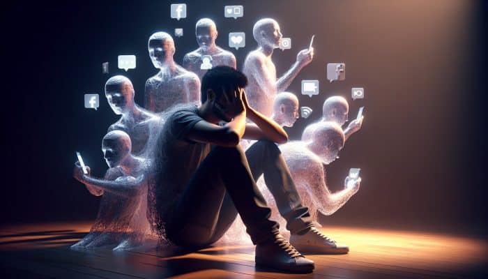 Young man in dimly lit room, head in hands, surrounded by shadowy figures and social media icons, symbolizing anxiety and depression.