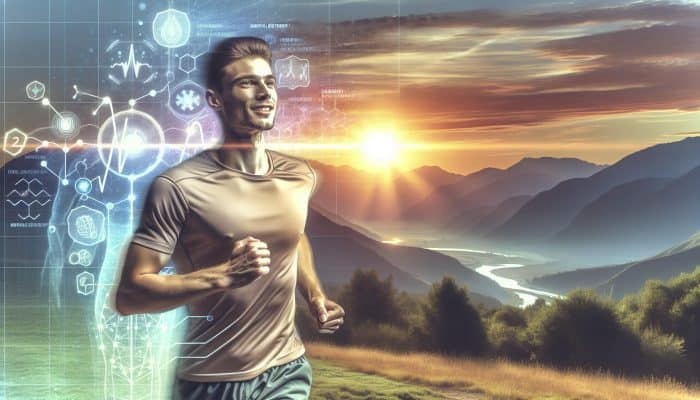 Young man jogging at sunrise, symbolizing energy, confidence, and improved mental health.
