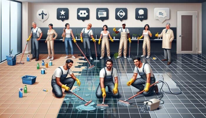 Professional tile grout cleaning team demonstrating transformations, with satisfied clients and positive digital reviews.