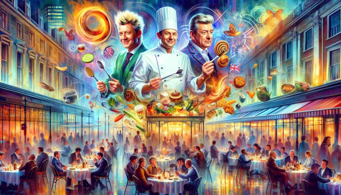 Renowned chefs Gordon Ramsay, Wolfgang Puck, and Guy Fieri in vibrant Las Vegas culinary scene.