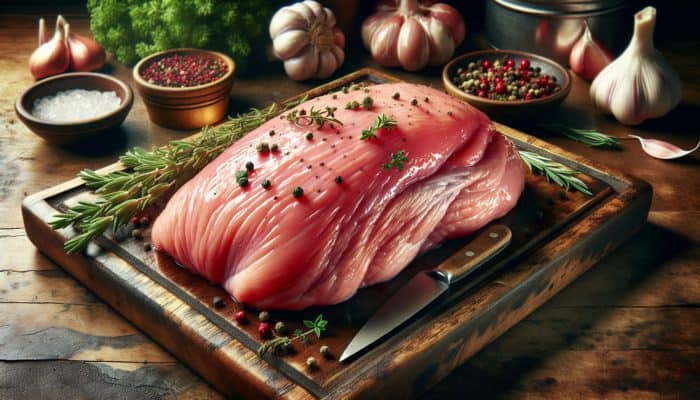 Smoked Turkey Breast with Herb Rub: A vibrant pink, moist fresh turkey breast on a wooden table with herbs at a local butcher shop.