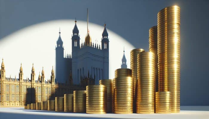Target: United Kingdom | DCL Target: A towering stack of gold coins overshadowing the Houses of Parliament, with graphs showing a debt-to-GDP ratio over 100%.