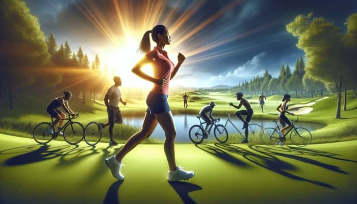 A golfer jogging on a green course at sunrise, with cyclists and swimmers in the background, showcasing endurance training.