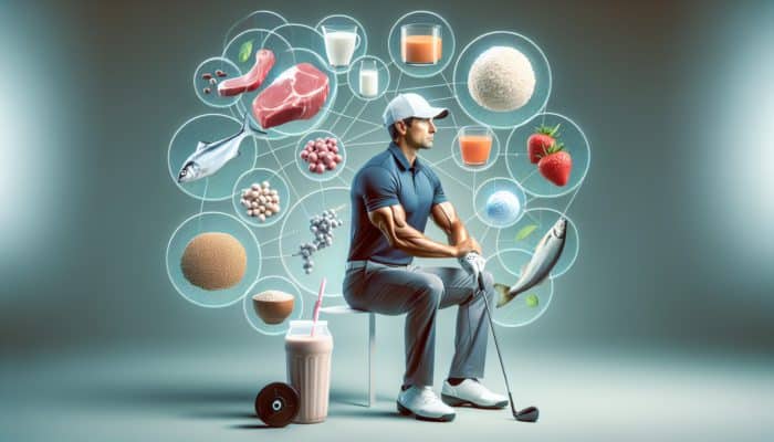 Golfer consuming protein shake post-round, surrounded by various protein sources for muscle repair.