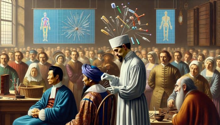 Acupuncture in Canadian Clinics: A 17th-century UK scene with a crowd watching a skeptical doctor and an Eastern practitioner performing acupuncture.