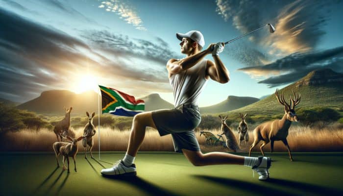 South African golfer in a dynamic fitness session on a sunlit course, preparing for a tournament.