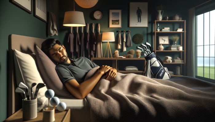 A golfer sleeping peacefully in a cozy, dimly lit bedroom, surrounded by calming decor.