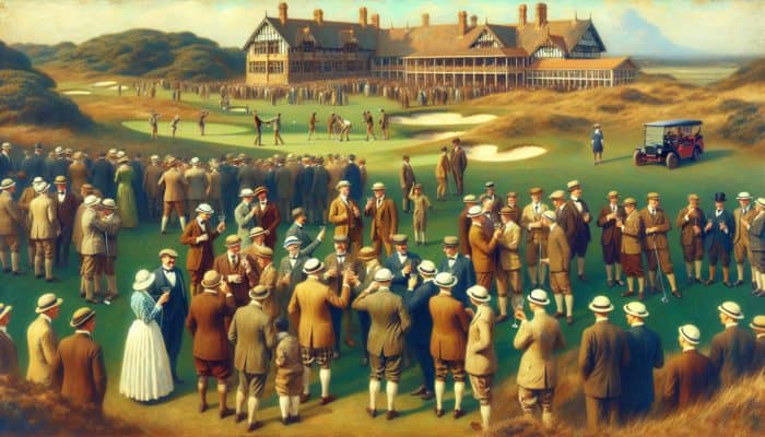 CMR Golf Club: Early 20th-century scene at CMR Golf Club founding, with diverse enthusiasts in vintage attire on rolling greens.