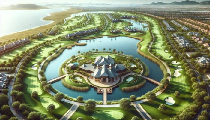 Aerial view of CMR Golf Club showcasing pristine greens, clubhouse, and water features amidst lush landscapes.