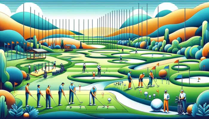 Golfers practicing at a driving range and putting greens in a vibrant club setting.
