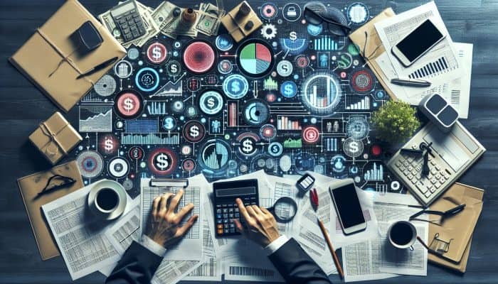 Printable Debt Consolidation Planning Worksheets | DCL A detailed budget chart with financial documents, calculators, and graphs showing debt consolidation impact on a desk.