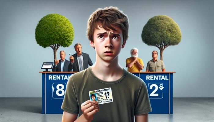 Young driver at car rental counter, confused by age limit signs: 18, 21, 25.