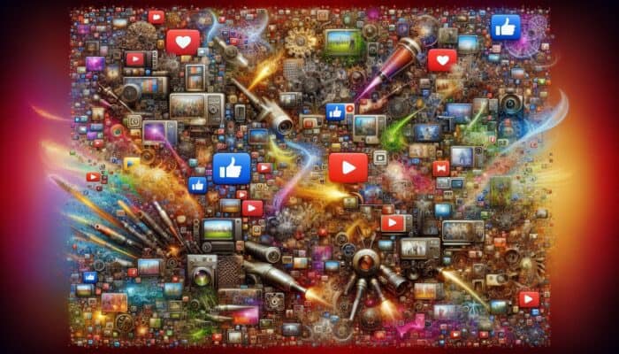 Collage of vibrant short-form video thumbnails surrounded by animated likes, shares, and comments, symbolizing high engagement and visibility.
