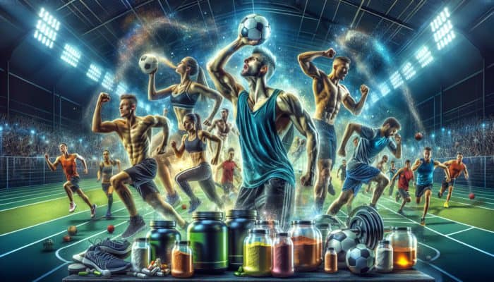 Supplements for Youth Sports: Young athletes training with sports equipment and supplements in a vibrant gym, enhancing performance.