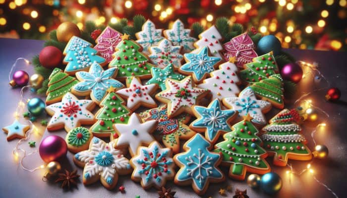 Colorful sugar cookies in festive shapes like stars, trees, and snowflakes, adorned with vibrant royal icing on a holiday table.