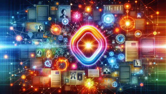 A digital collage featuring a luminous link icon, unique data, research papers, and expert headshots on a web node background.