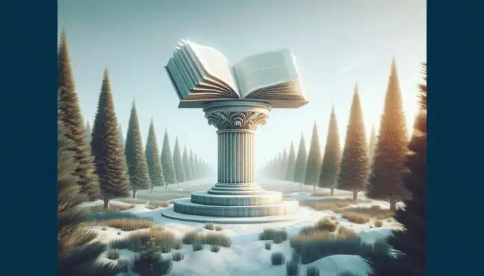 A peaceful landscape with an open book on a pedestal surrounded by evergreen trees, symbolizing enduring knowledge.