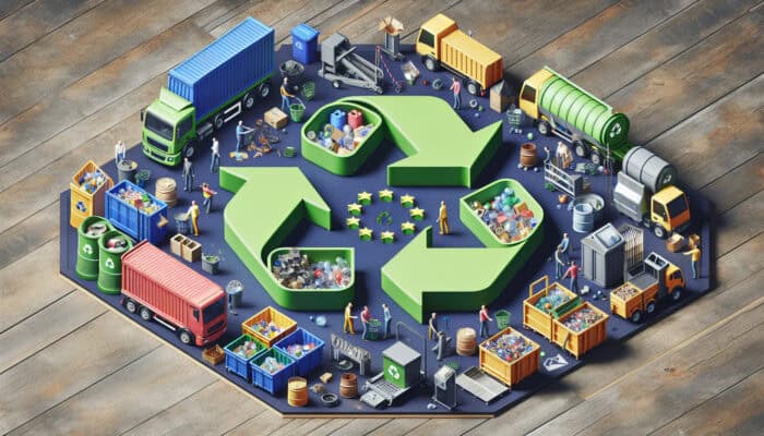 Illustration of EU Waste Framework Directive with recycling symbols, circular economy, and UK councils' initiatives.