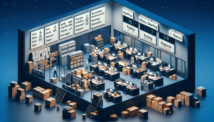 A UK office at night with a clearance schedule on a whiteboard, showing sorting, packing, and disposal phases.