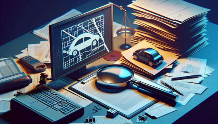 Detective's desk with car rental site on computer, magnifying glass on business details, BBB report visible.