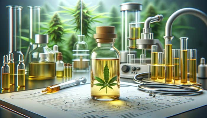 Is CBD Safe for Competitive Athletes: A glass bottle of CBD oil with a cannabis leaf and extraction equipment in the background.