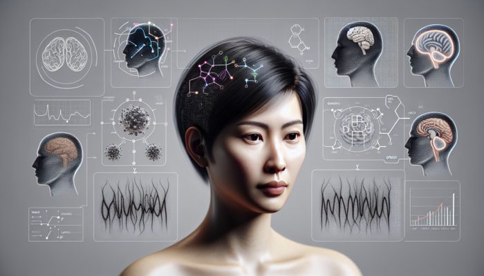 Woman with thinning hair at crown and part, symbols of genetics, hormones, stress around her.